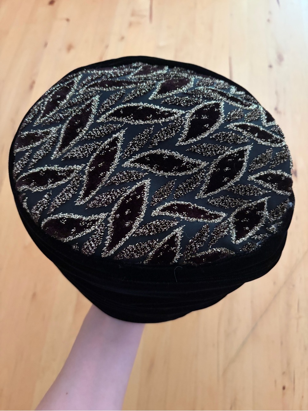 Michael Howard Black Wool Pillbox Hat with Gold Trim